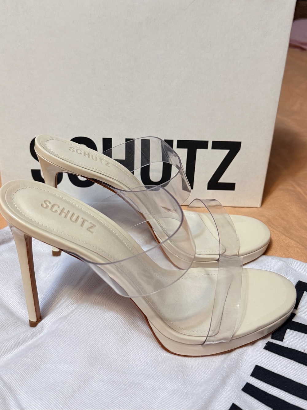 Schutz Ariella Platform Patent Heels Clear Straps Sugar White NEW in Box 8/8.5